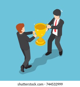 Flat 3d isometric two businessmen fighting for winner trophy. Business competition concept.