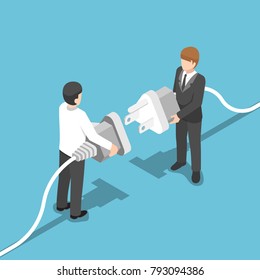 Flat 3d Isometric Two Businessmen Connecting Plug Together. Business Connection Concept.