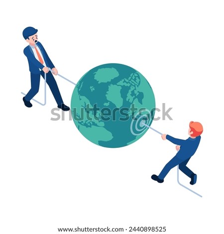 Flat 3d Isometric Two Businessmen competing to Pulling Planet Earth. Global Business Competition Concept