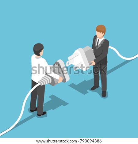 Flat 3d isometric two businessmen connecting plug together. Business connection concept.
