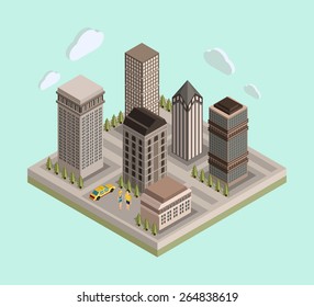 Flat 3d isometric urban city center map/real estate background with buildings, roads, car and people. Vector illustration.