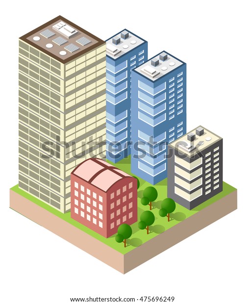Flat 3d\
isometric urban city infographic concept. Township center map with\
buildings, shops and roads on the\
plane.