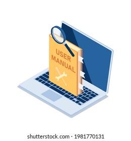 Flat 3d Isometric User Manual with Magnifying Glass on Laptop Monitor. User Manual Guide Concept.