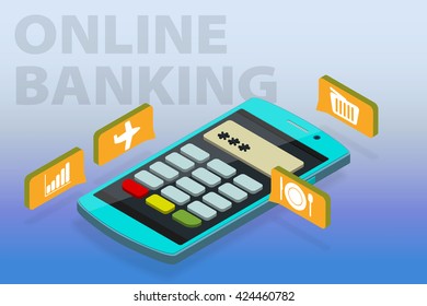 Flat 3d isometric vector clipart of quick payments using a mobile phone. Concept online shopping and payment with your smartphone