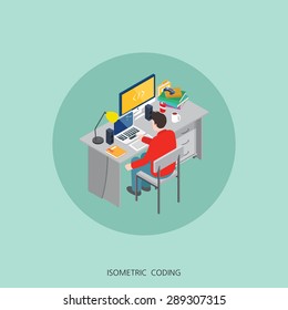 Flat 3d isometric vector illustration freelancer coding concept design, Abstract urban modern style, high quality business series.