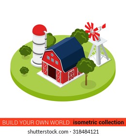 Flat 3d isometric water pump tower shed house farm building block infographic concept. Countryside barn warehouse storage. Build your own infographics world collection.