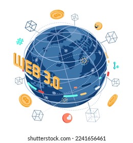 Flat 3d Isometric Web 3.0 Internet with World. Web 3.0 New Generation of The Internet and IoT Internet of Things Concept.