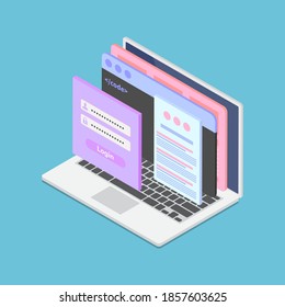 Flat 3d Isometric Web Interface With Adaptive Layout Webpage On Laptop Screen. Web Customization And Development Concept.
