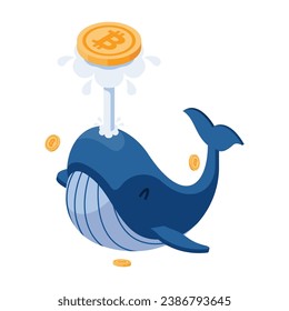 Flat 3d Isometrisches Whale Playing mit Bitcoin. Crypto Whale ist ein mächtiger Investor auf dem Markt für Kryptowährungen.