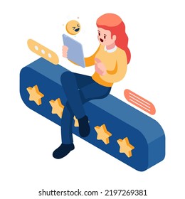 Flat 3d Isometric Woman Customer Giving a Five Star Rating. Customer Feedback Concept.