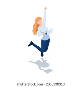 Flat 3d Isometric Woman Jumping Celebration While Holding Laptop. Business Success and Job Done Concept.