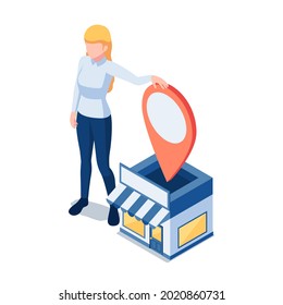 Flat 3d Isometric Woman owner Standing at Her Shopping Store with GPS Location Pin. Store Location and Gps Navigation Concept.