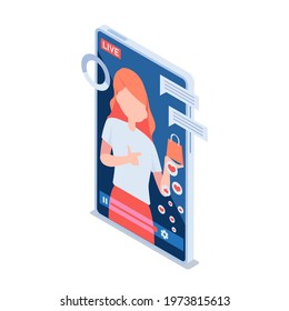 Flat 3d Isometric Woman Review or Selling Her Product Through Live Streaming. Influencer Marketing and Live Streaming E-Commerce Concept.