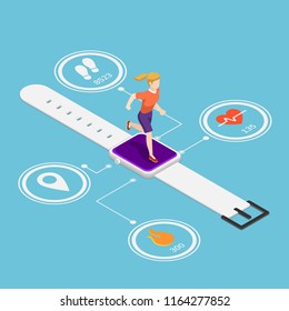 Flat 3d isometric woman running on smartwatch with heart rate monitors, counting calories, count steps and GPS technolog function. Wearable device technology and fitness tracker concept.