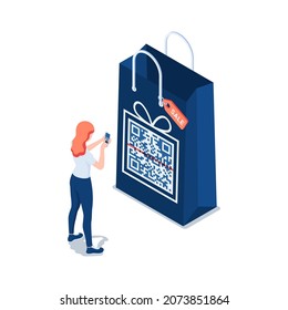 Flat 3d Isometric Woman Scan QR Code In Shopping Bag. QR Code Payment Concept.