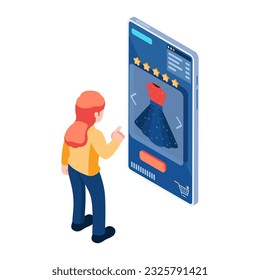 Flat 3d Isometric Woman Shopping Online on Smartphone. Online Shopping Concept.