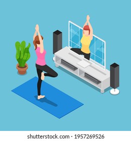 Flat 3d Isometric Woman Training Yoga by Follow Coach in Television. New Normal Life Concept.