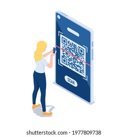 Flat 3d Isometric Woman Use Smartphone Scanning QR Code. Qr Code Verification Technology Concept.