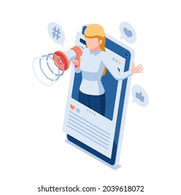 Flat 3d Isometric Woman Use Megaphone Promote Her Social Media on Smartphone. Online Social Media Marketing Concept.