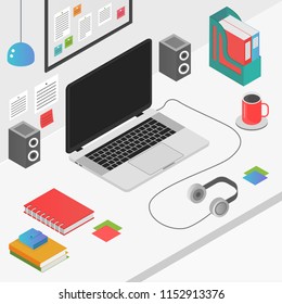 Flat 3d isometric workspace concept with laptop vector illustration.
