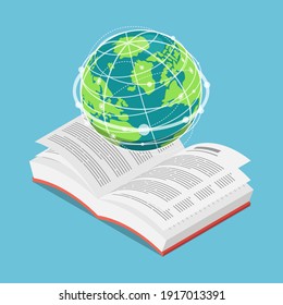 Plano 3d Isometric World Globe on Open Text Book. Concepto de educación internacional