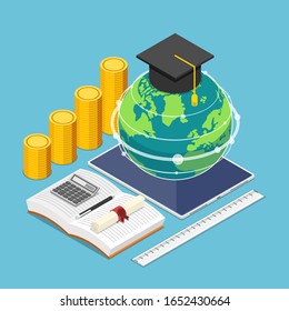 Flat 3d isometric world and graduation cap on the digital tablet with stationary. Global online education and e-learning concept.