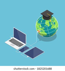 Flat 3d isometrische Welt mit Graduierungskappe verbunden mit Laptop Smartphone und Tablet. Globales Konzept für Online-Bildung und eLearning.
