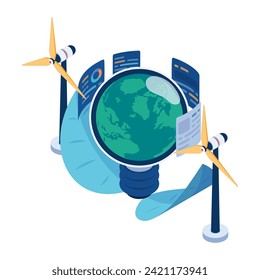 Flat 3d Isometric World Inside Light Bulb Powered by Wind Turbines. Clean Energy and Renewable Power Concept.