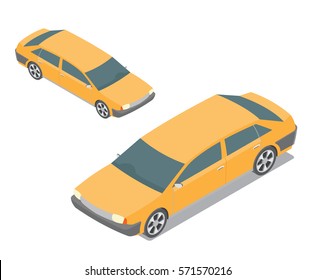 Flat 3d isometric yellow passenger car isolated on white. Build your own infographic collection. Vector illustration