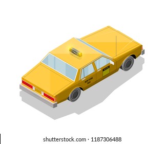 Flat 3D isometric yellow taxi cab model. City transport car set. Sedan taxi vector motor car. Urban classic motor vehicle. Quality auto infographics design game. Vector isometric automobile icon set