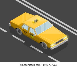 Flat 3D isometric yellow taxi cab model. City transport car road. Sedan taxi vector motor car. Urban classic motor vehicle. Quality auto infographics route. Vector isometric automobile street icon set