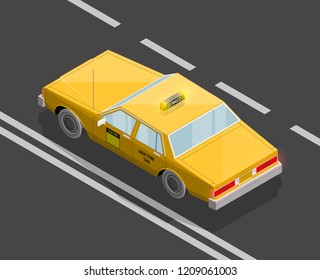 Flat 3D isometric yellow taxi cab model. City transport car road. Sedan taxi vector motor car. Urban classic motor vehicle. Quality auto infographics route. Vector isometric automobile street icon set