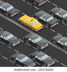 Flat 3D isometric yellow taxi cab model. City transport car traffic road. Sedan taxi vector motor car. Urban classic motor vehicle. Auto infographic traffic route. Vector isometric automobile street