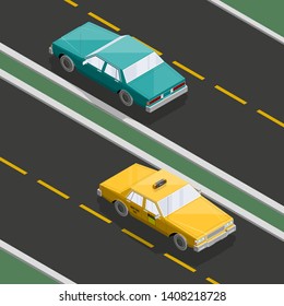 Flat 3D isometric yellow taxi cab model. City transport car traffic road. Sedan taxi motor car. Urban classic motor vehicle. Auto infographic traffic route. isometric automobile street
