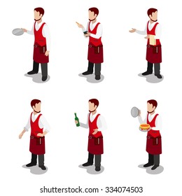 Flat 3d isometric young stylish male cook waiter sommelier cafe restaurant servant concept web infographics vector illustration icon set. Creative people collection.