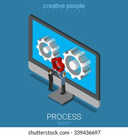 Flat 3d isometry isometric app application software process launch concept web infographics vector illustration. Micro people placing red cogwheel on laptop screen. Creative people collection.