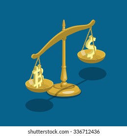 Flat 3d isometry isometric bitcoin exchange rate concept web infographics vector illustration. Bit coin and dollar sign on classic weights. Bitcoins collection.
