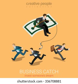 Flat 3d isometry isometric business catch invest dream concept web infographics vector illustration. Businessman on dollar carpet fishing smaller startuppers. Creative people collection.