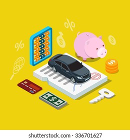 Flat 3d Isometry Isometric Car Credit Loan Financing Plan Icon Concept Web App Infographics Vector Illustration. Car On Contract Certificate Coin Key Dollar Money Credit Card.