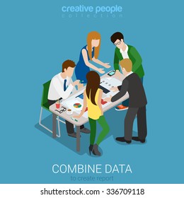 A isometria 3D plana combina dados para criar um conceito de relatório gráfico web infográficos ilustração vetorial. Equipe da sala de reuniões trabalha no codument. Coleção de pessoas criativas.