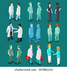 Flat 3d isometry isometric doctor nurse surgeon orderly icon set concept web infographics vector illustration. Healthcare medicine professional conceptual. Creative people collection.