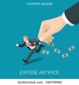 Flat 3d isometry isometric expose artifice catch fiend concept web infographics vector illustration. Big hand catch running businessman. Creative people collection.