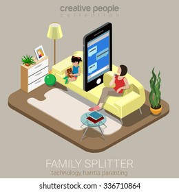 Flat 3d isometry isometric family splitter social parenting concept web infographics vector illustration. Big smartphone sofa between mom daughter lack deficit attention. Creative people collection.
