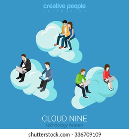 Flat 3d isometry isometric internet technology heaven cloud nine concept web infographics vector illustration. Businessman casual couple on clouds surfing laptop tablet. Creative people collection.
