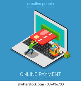 Flat 3d Isometry Isometric Mobile Online Payment Concept Web Infographics Vector Illustration. Micro Casual Man Pushing Card Into Laptop Screen. Creative People Collection.