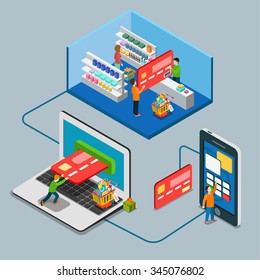 Flat 3d isometry isometric payment type concept web infographics vector illustration. Micro casual man pay big credit card supermarket laptop mobile online. Creative people collection.