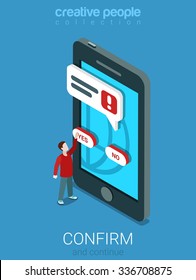 Flat 3d isometry isometric YES NO TRUE FALSE interface buttons concept web infographics vector illustration. Micro casual man pressing button on big smartphone. Creative people collection.