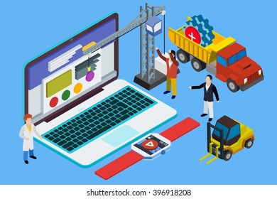 Flat 3d laptop and smart watches. Website development, experienced team. Teamwork. Responsive vector illustration.