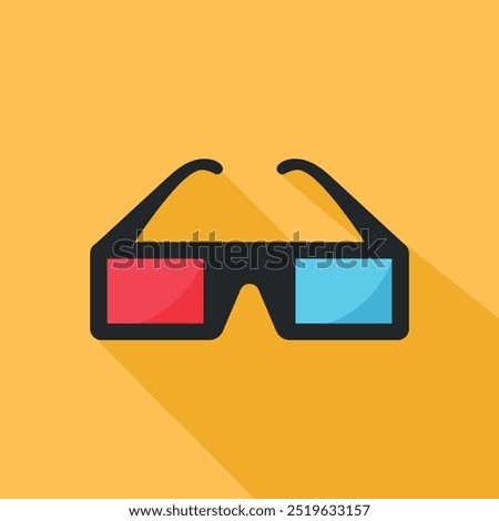 Flat 3d movie glasses icon on yellow background. Vector illustration
