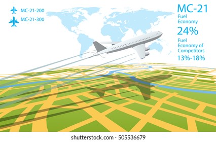 flat 3d plane above green 3d map with info graphics